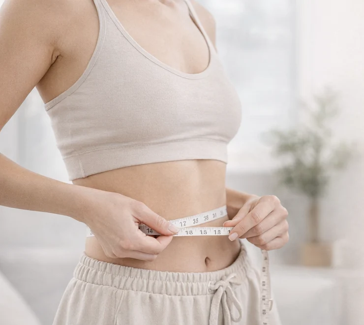 A woman measuring her waist with a tape measure