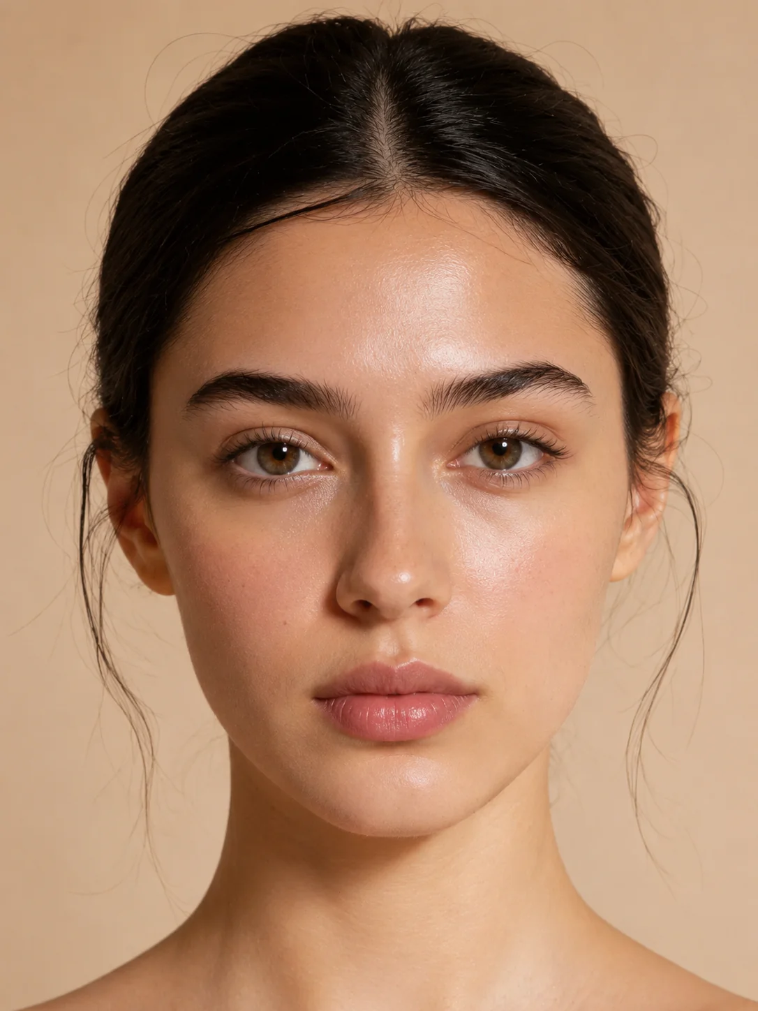 Front-facing portrait of a woman with her hair tied back