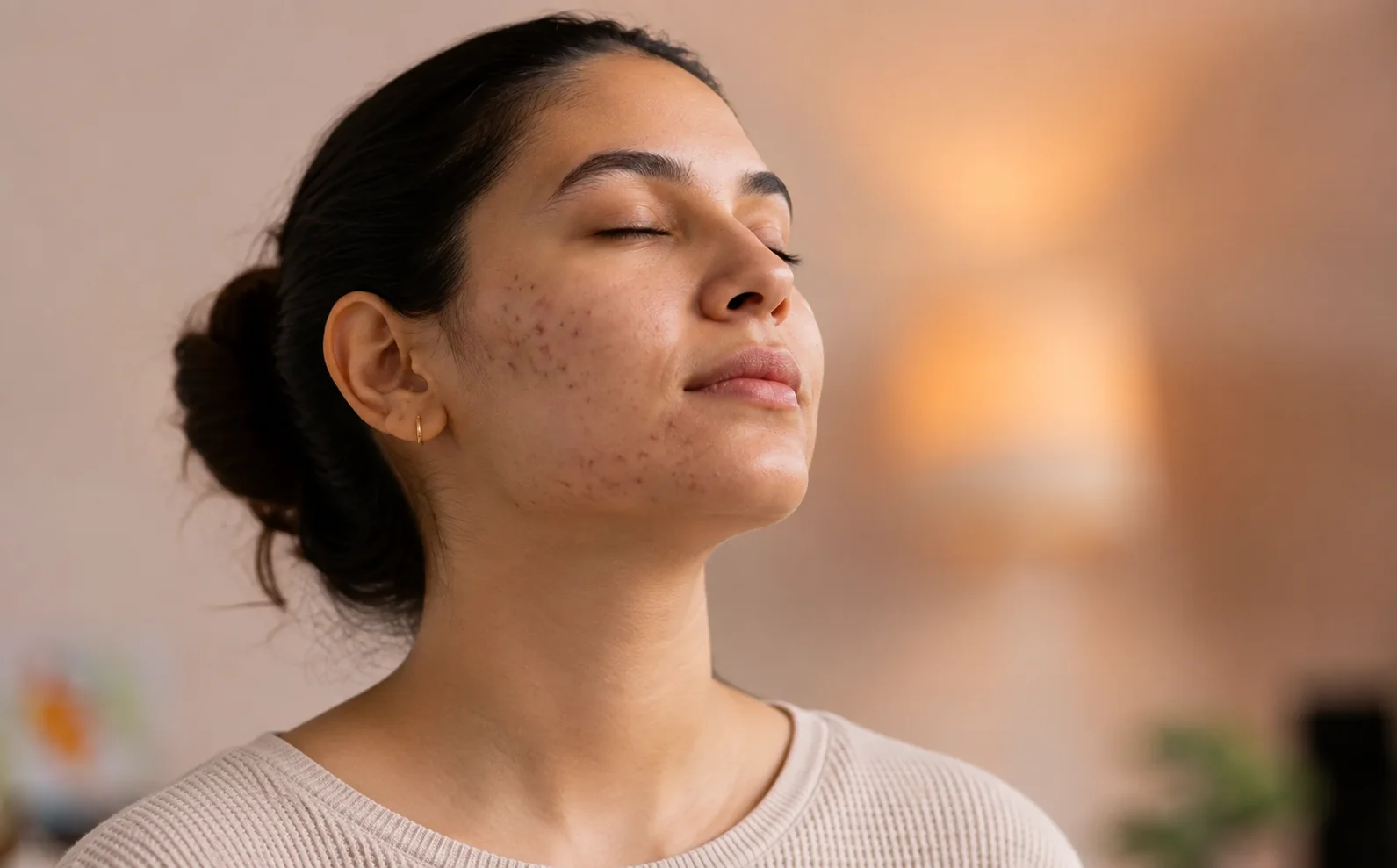 A woman with acne-prone skin on her cheek and jaw, eyes closed