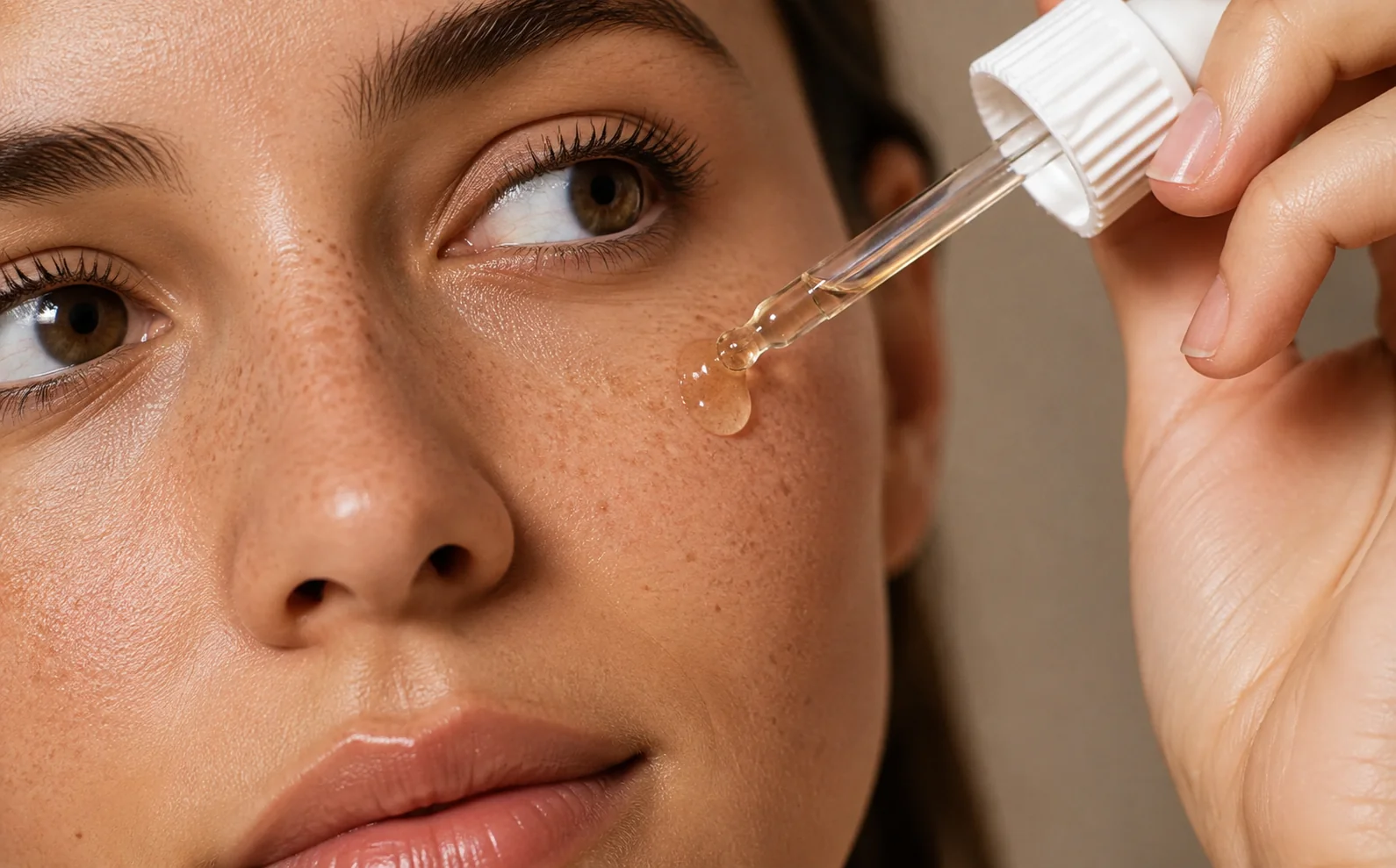 A woman applying a facial serum with a dropper