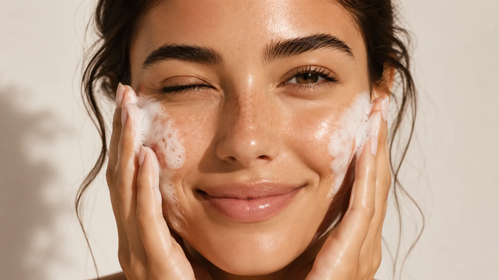 A woman washing her face with a foaming cleanser